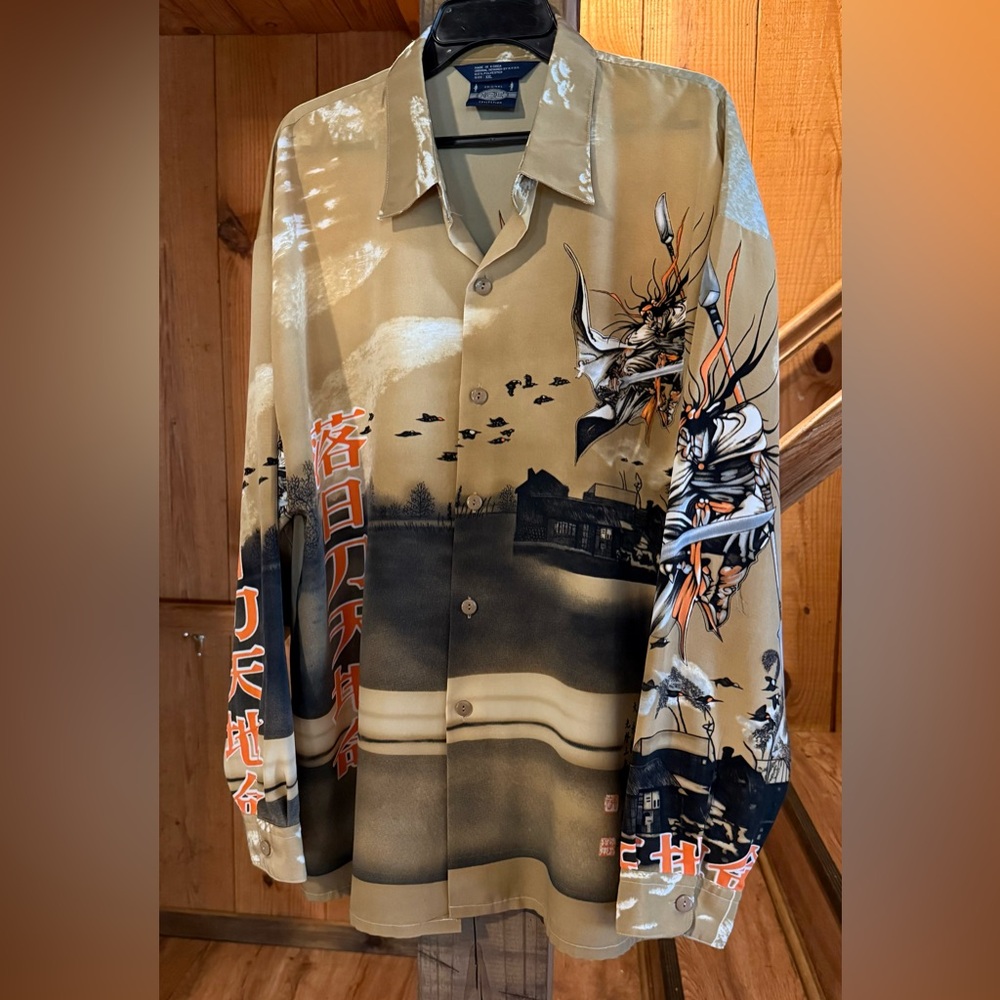 ICE Samurai By N.Y.D.K. Mens XXL Tan Polyester Oriental Button Up 90s Y2K Shirt